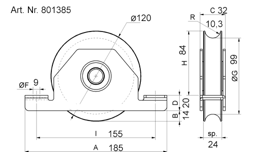 Laufrolle mit Innenstützplatte Ø80 | 16 mm Rundnut