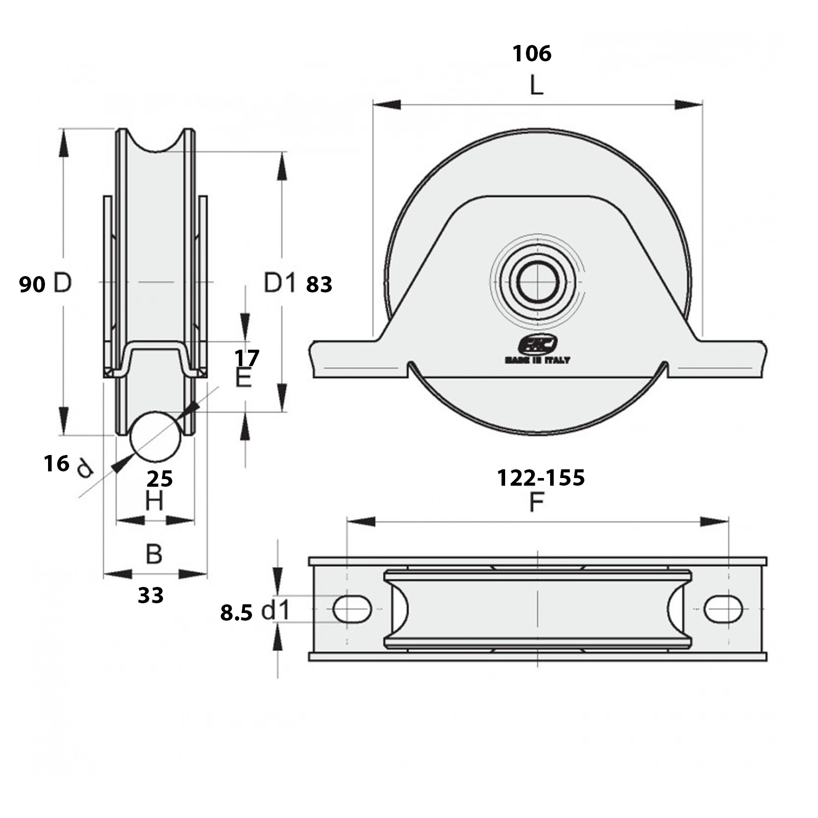 Laufrolle mit Innenstützplatte Ø 90 mm Rundnut 16 mm verzinkt